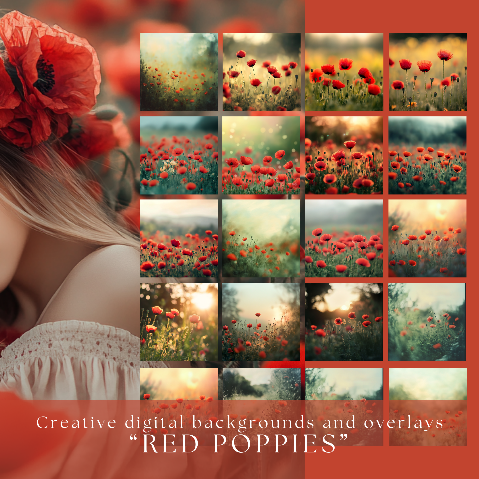 "RED POPPIES" Digital Backgrounds & Overlays - Image 2